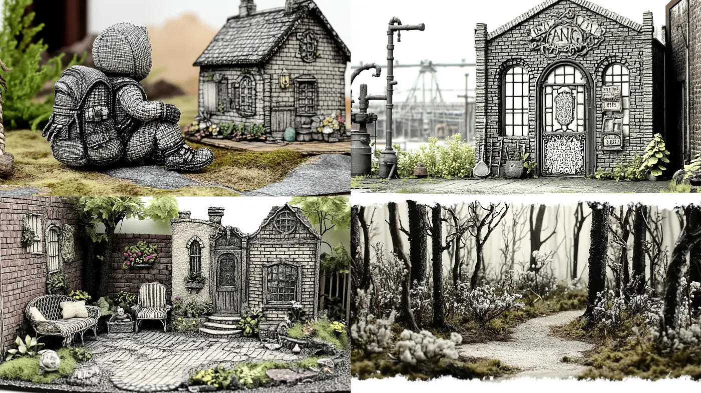 Monochromatic Whimsical Sketchbook Illustrations - Midjourney sref style