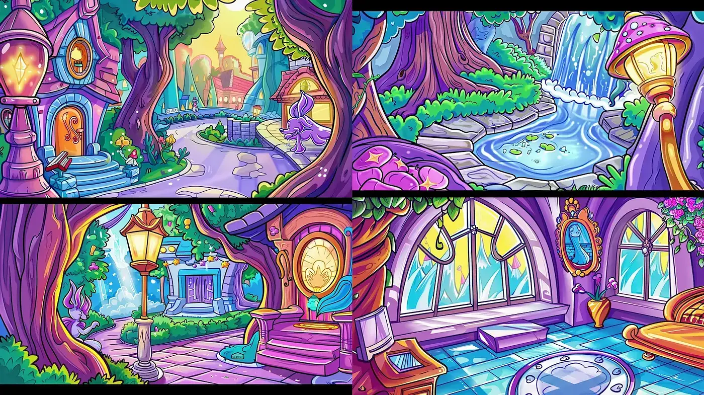 Whimsical fantasy landscapes with vibrant, playful detail - Midjourney sref style