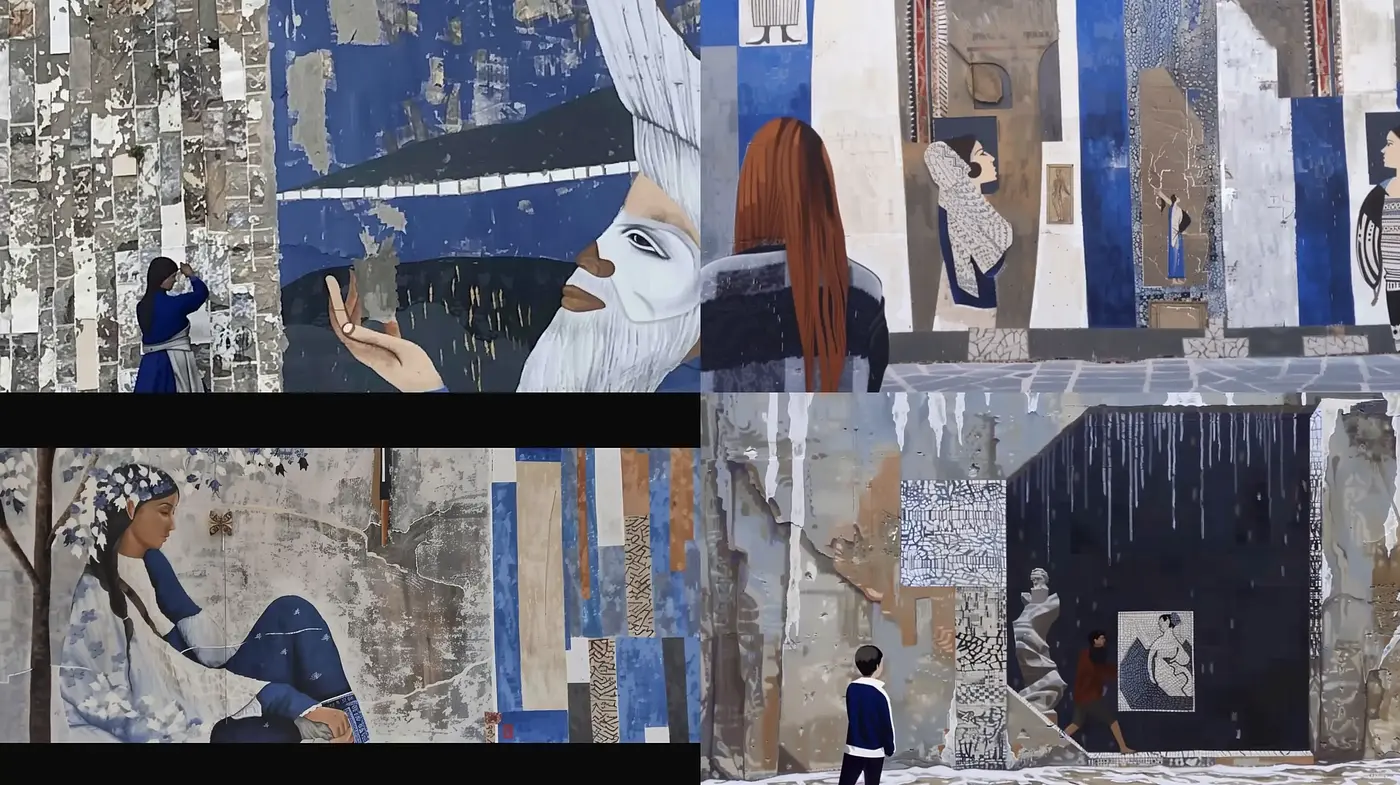 Ethereal Figurative Mural with Textured Blue and Monochrome Palette - Midjourney sref style
