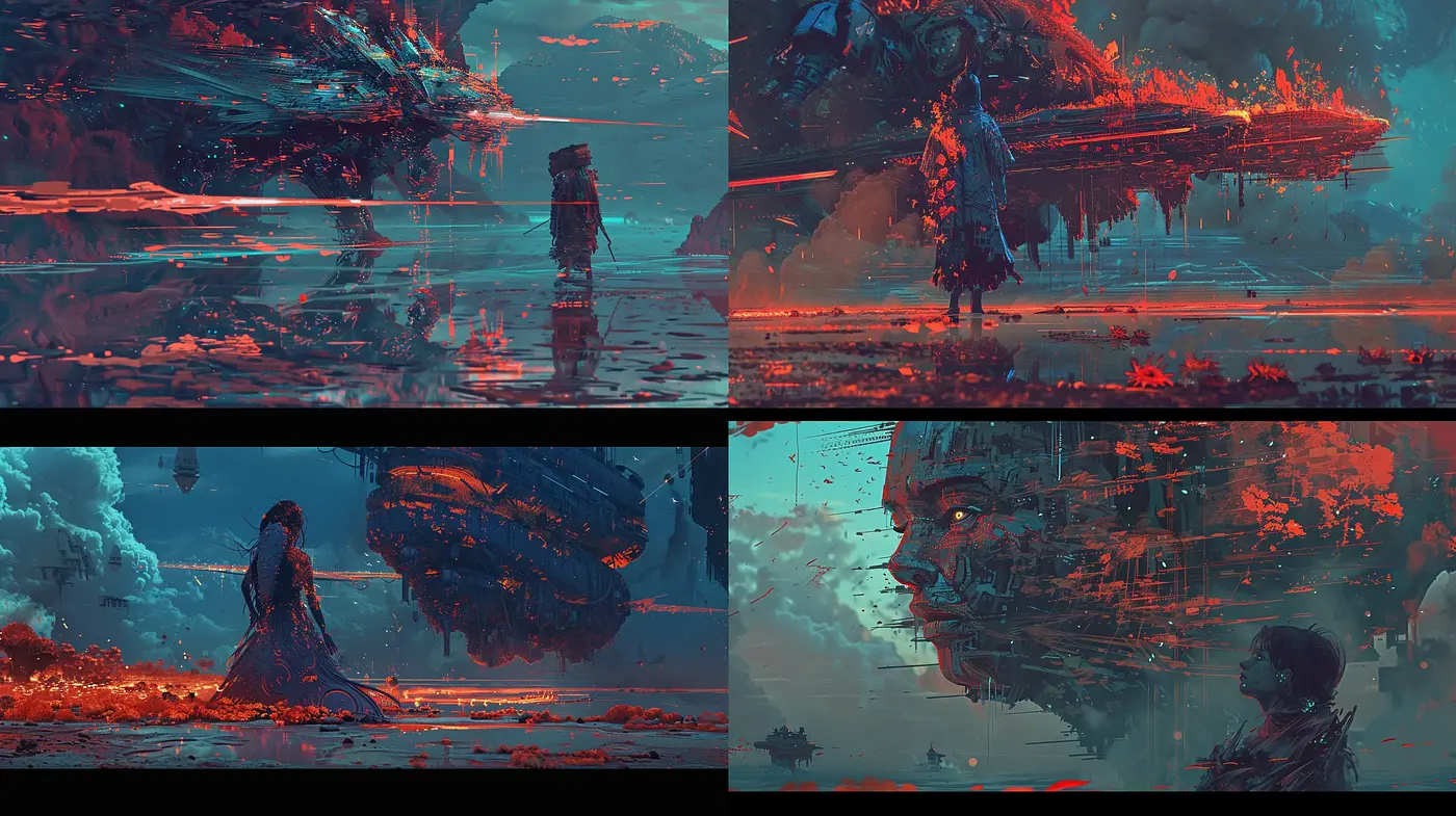 Dystopian Visions in Crimson: A Consistent Style Across Four Digital Wastelands - Midjourney sref style