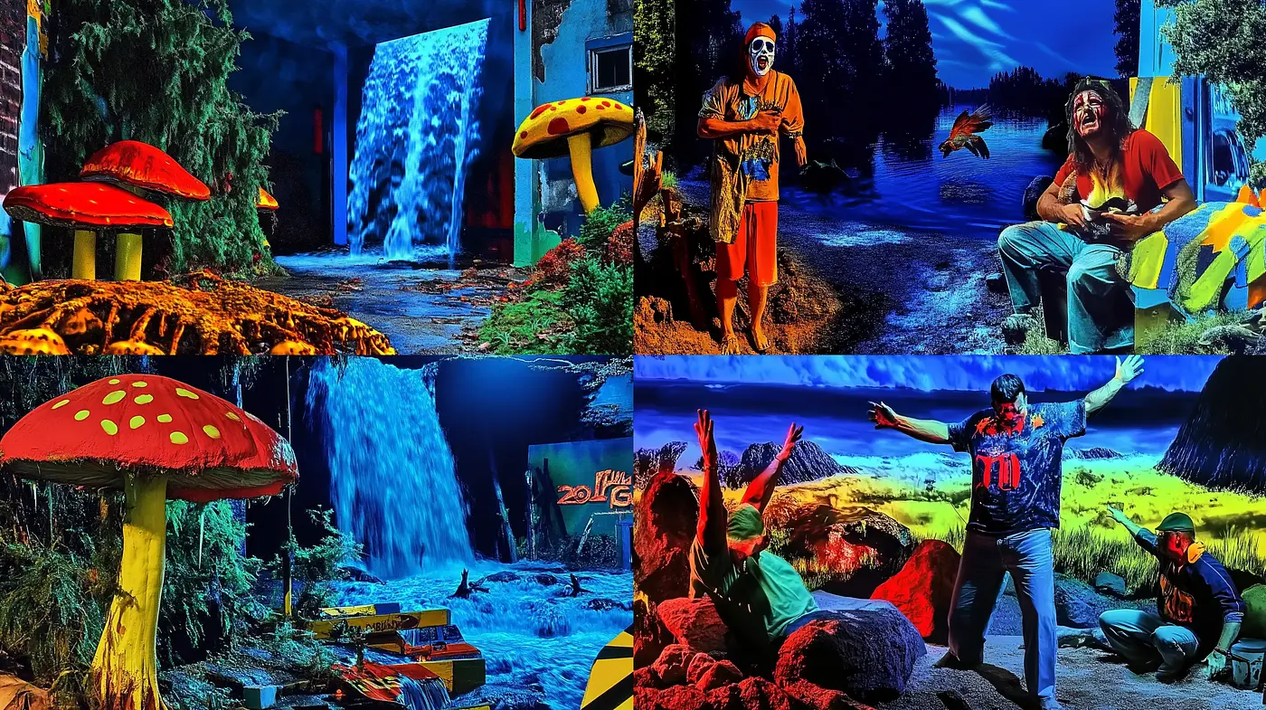 Psychedelic Dreamscapes: A Vivid Mélange of Surrealism and Fantasy - Midjourney sref style