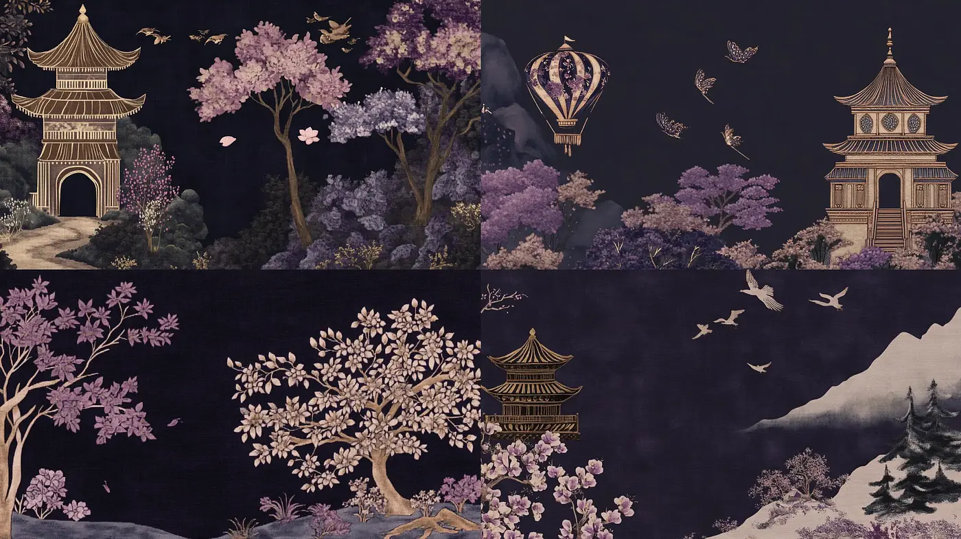 Eastern Nightscape: A Serene Journey Through Blossoming Tranquility - Midjourney sref style