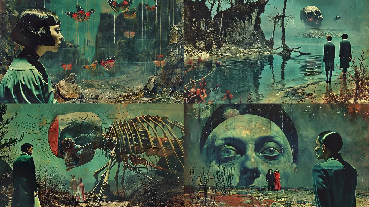 Surrealistic Dreamscape In Fusion: A Coherent Blend of Vintage Undertones and Haunting Vistas - Midjourney sref style