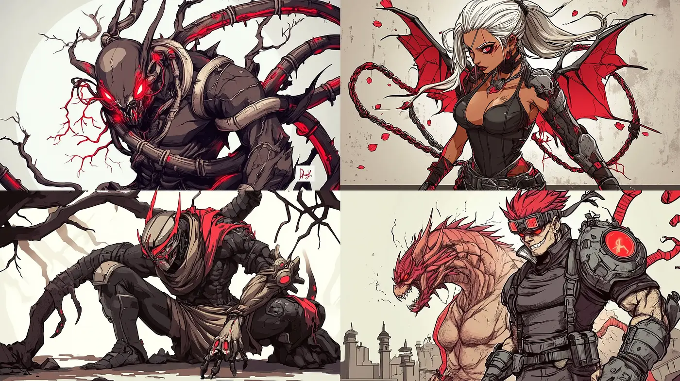 Dynamic Crimson-Accented Comic Illustrations - Midjourney sref style