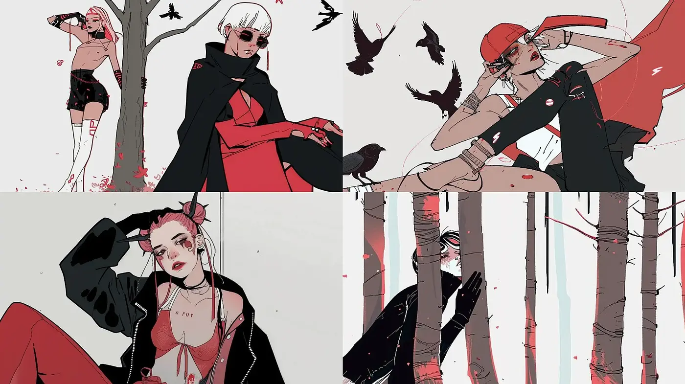 Stylized Modern Graphic Illustrations with a Dramatic Red, Black, and White Color Scheme - Midjourney sref style