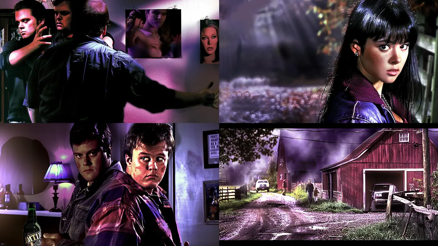 Moody Cinematic Enigma: A Fusion of Film-Noir and Chromatic Mystery - Midjourney sref style