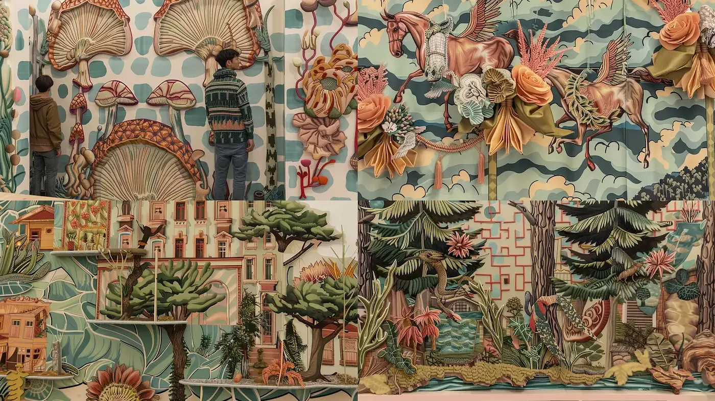 Vibrant and whimsical layered textures with a surreal touch - Midjourney sref style