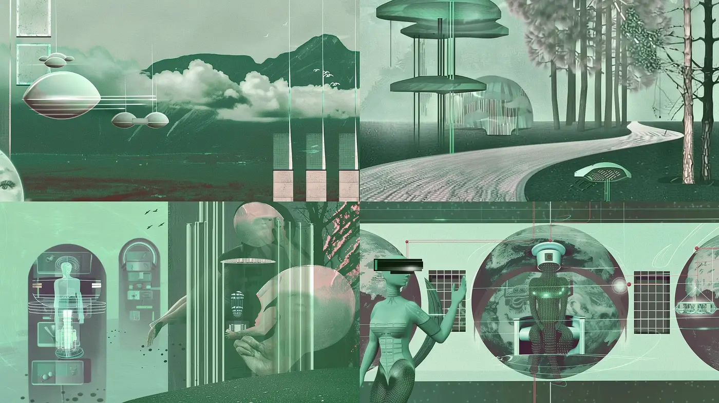 Futuristic Retro-Surrealism with a Monochrome Twist - Midjourney sref style