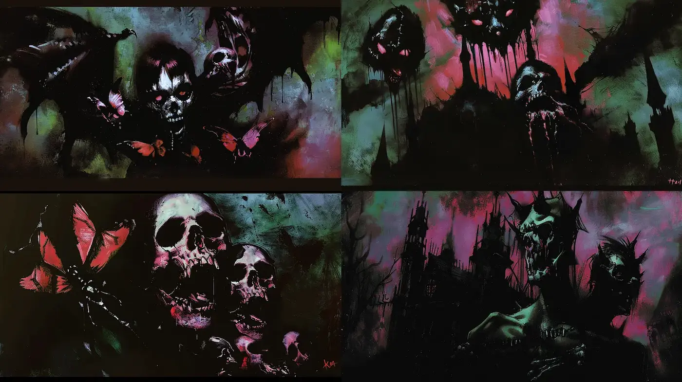 Dark and haunting illustrations with surreal elements - Midjourney sref style