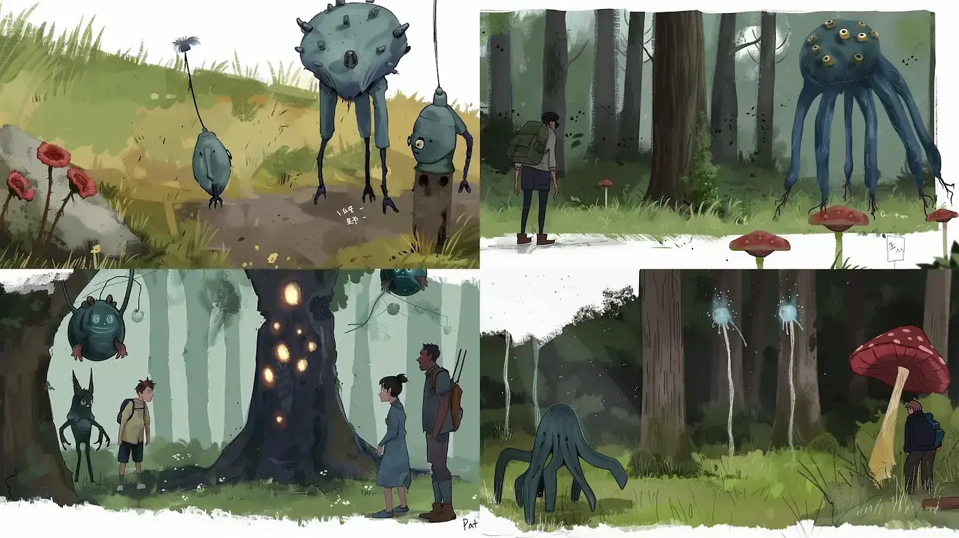 Whimsical, earthy illustrations with a hint of intrigue - Midjourney sref style