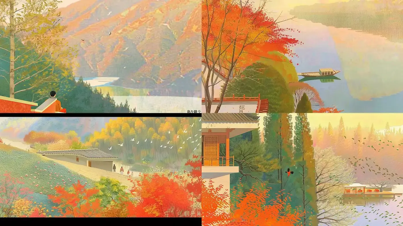 Serene Autumn Landscapes with Harmonious Color Gradients - Midjourney sref style