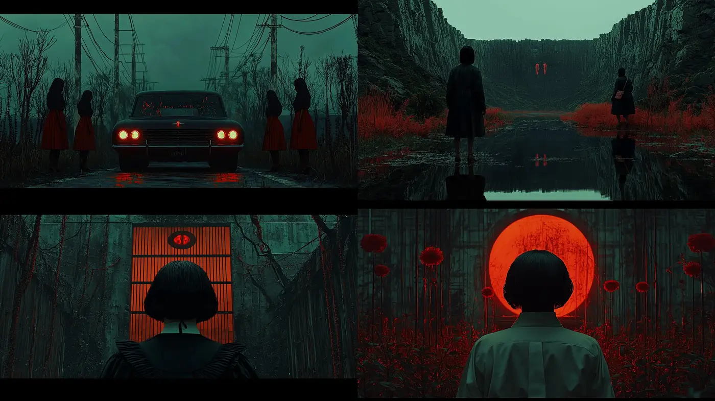 Eerie Red Contrast in Monochromatic Noir - Midjourney sref style