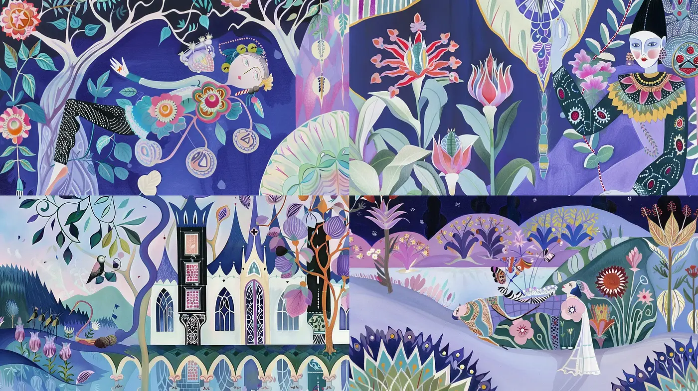 Enchanted Botanical Dreamscape: A Synthesis of Stylized Flora and Whimsical Imagery - Midjourney sref style