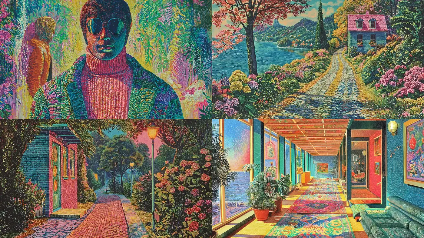 Psychedelic Dreamscapes with Vibrant Textured Hues - Midjourney sref style