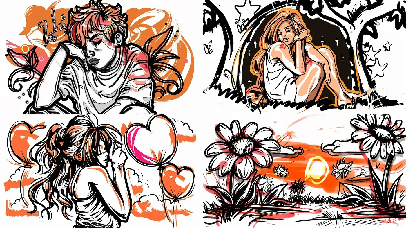 Expressive Ink-like Outlines with a Warm Sunset Palette - Midjourney sref style