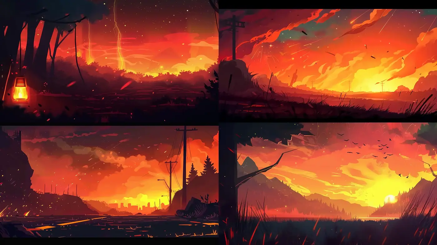 Fiery Twilight Hues in Stylized Landscape Tableaus - Midjourney sref style