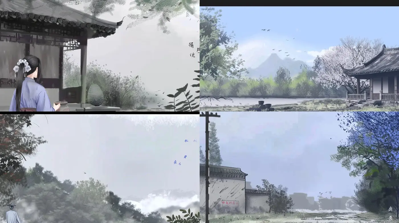 Ethereal Ink-Wash Essence: A Tranquil Panoramic of Stylized Serenity - Midjourney sref style