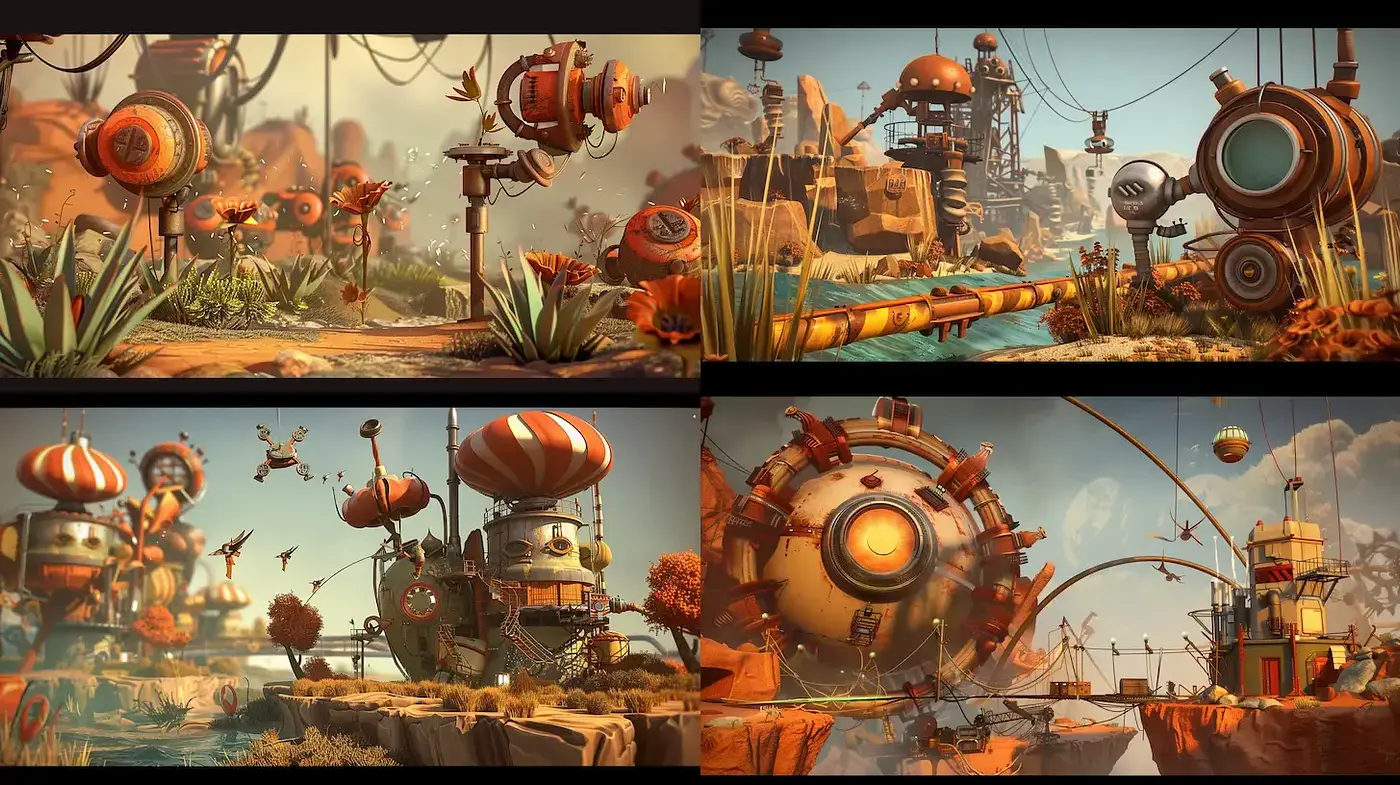 Vibrant and Whimsical Futuristic Landscape with Retro Elements - Midjourney sref style