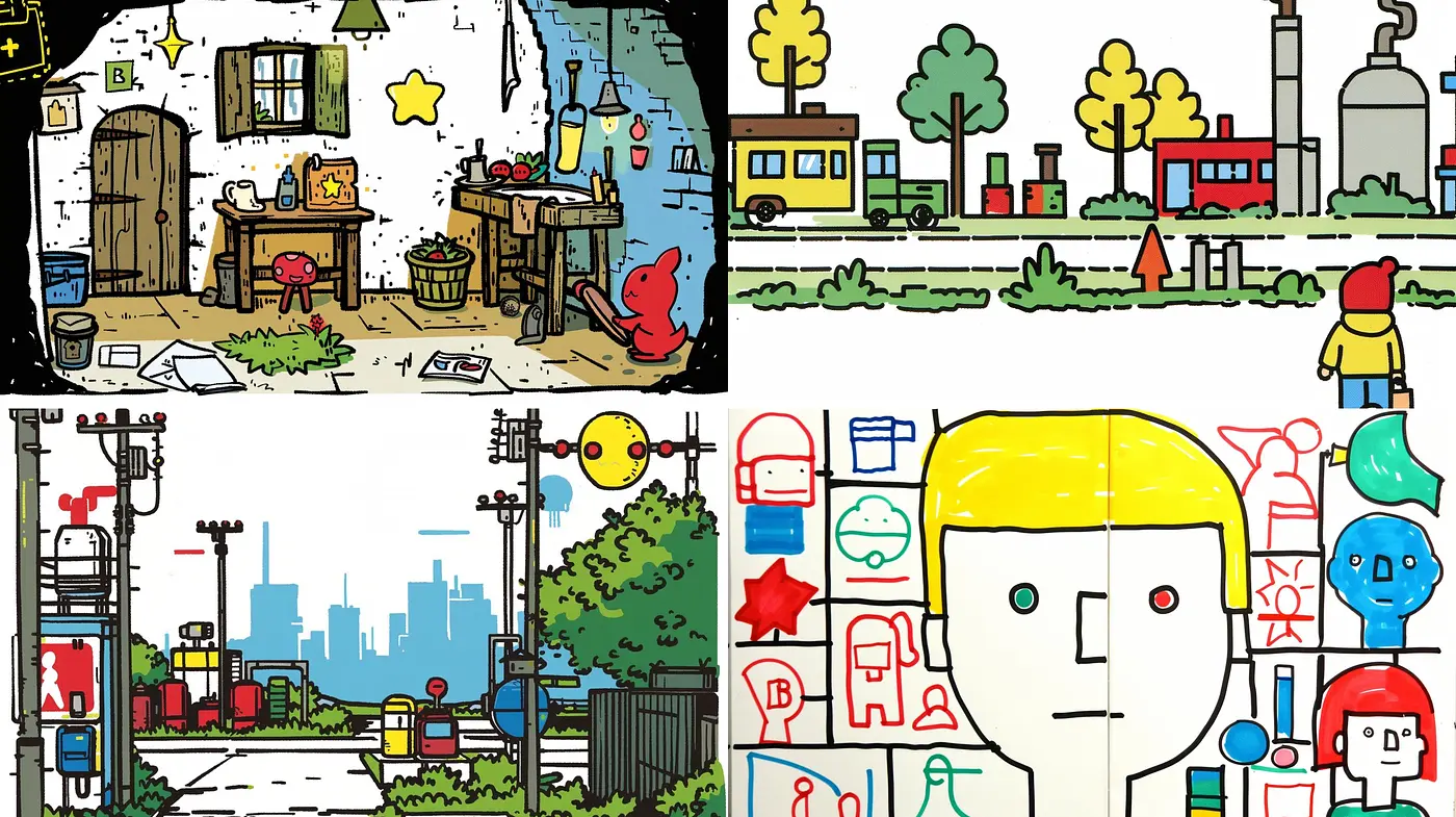 Whimsical Line-Driven Vignettes With a Nostalgic Comic Flair - Midjourney sref style