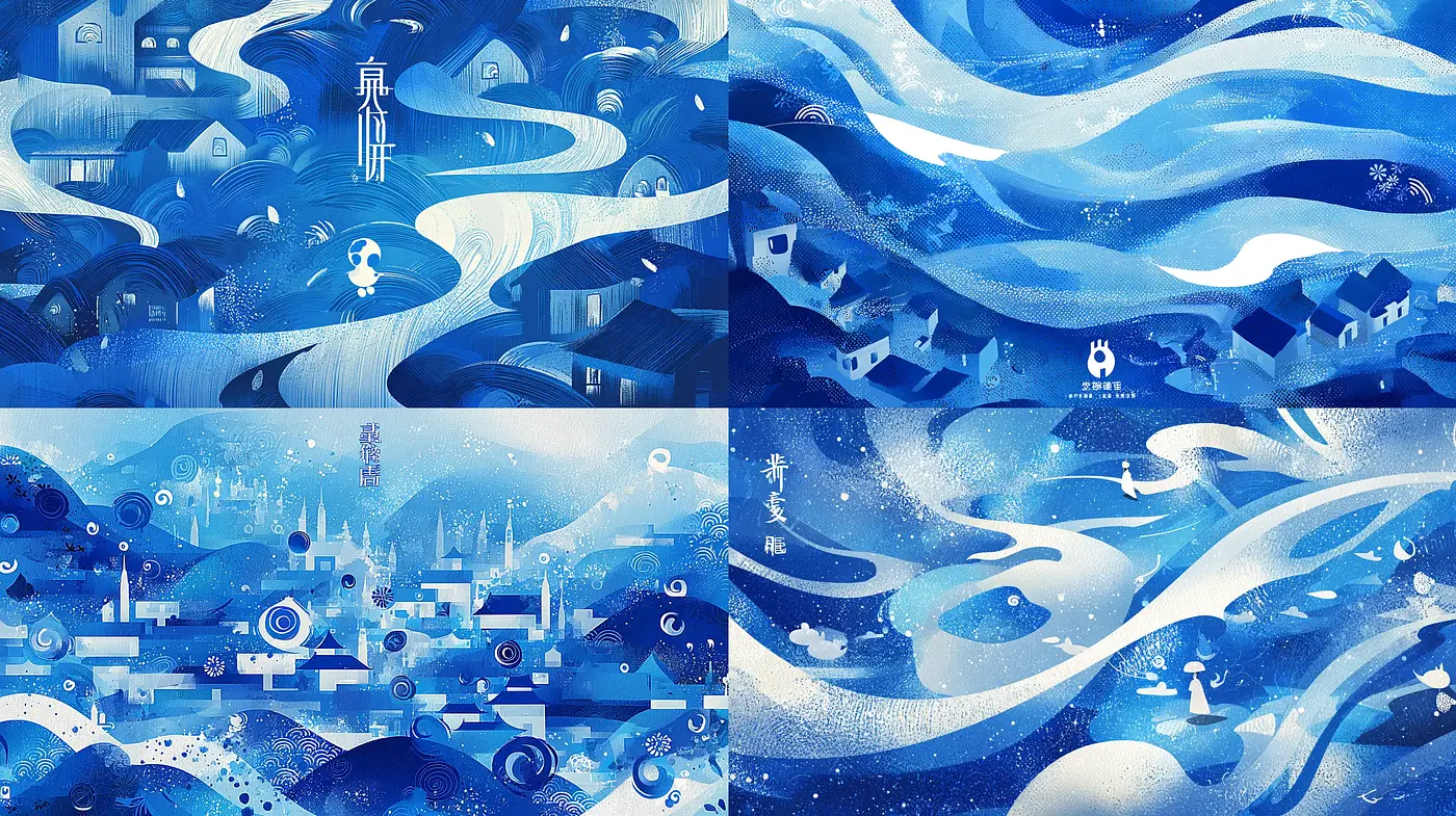 Calm and Dreamy Blue Landscapes with Whimsical Elements - Midjourney sref style