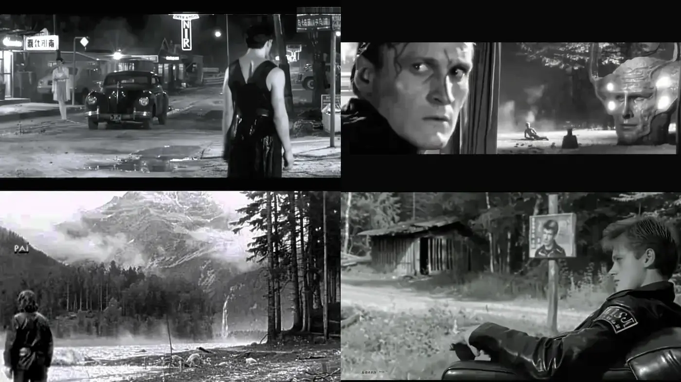 Grayscale Cinematic Noir with a Retro Futuristic Touch - Midjourney sref style