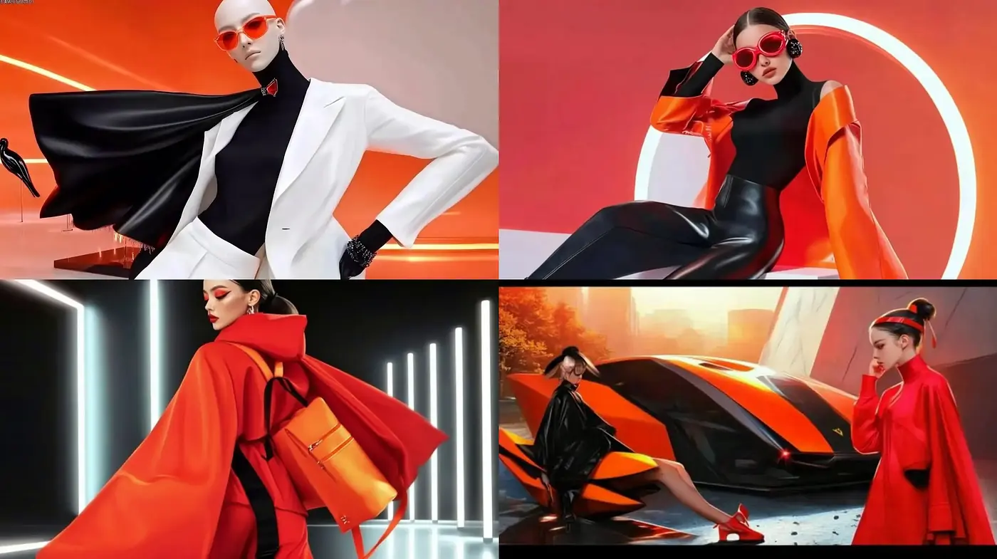 Futuristic Elegance in Monochromatic Vermilion - Midjourney sref style