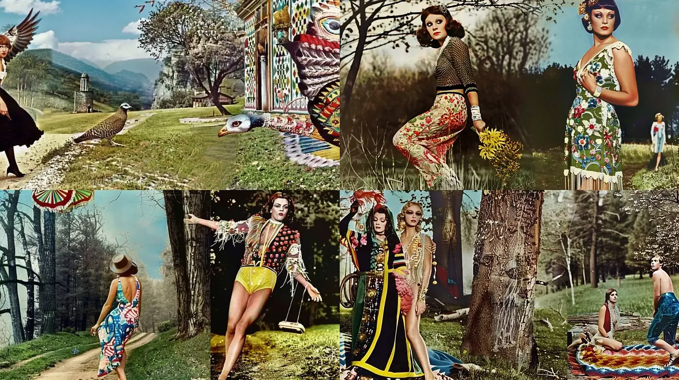 Retro Fashion Fusion Amidst Pastoral Dreamscapes - Midjourney sref style