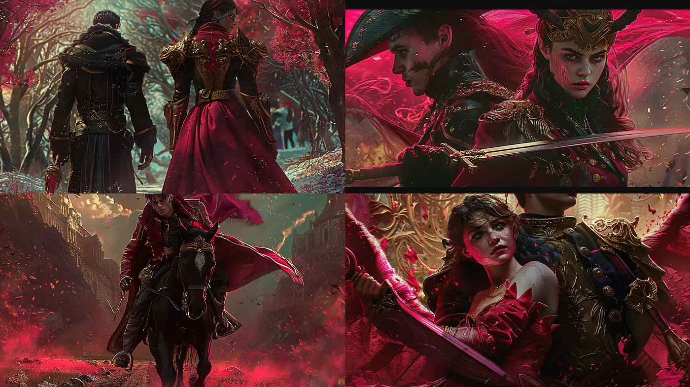 Crimson Fantasy Tableau with Dramatic Overtones and Lush Textures - Midjourney sref style