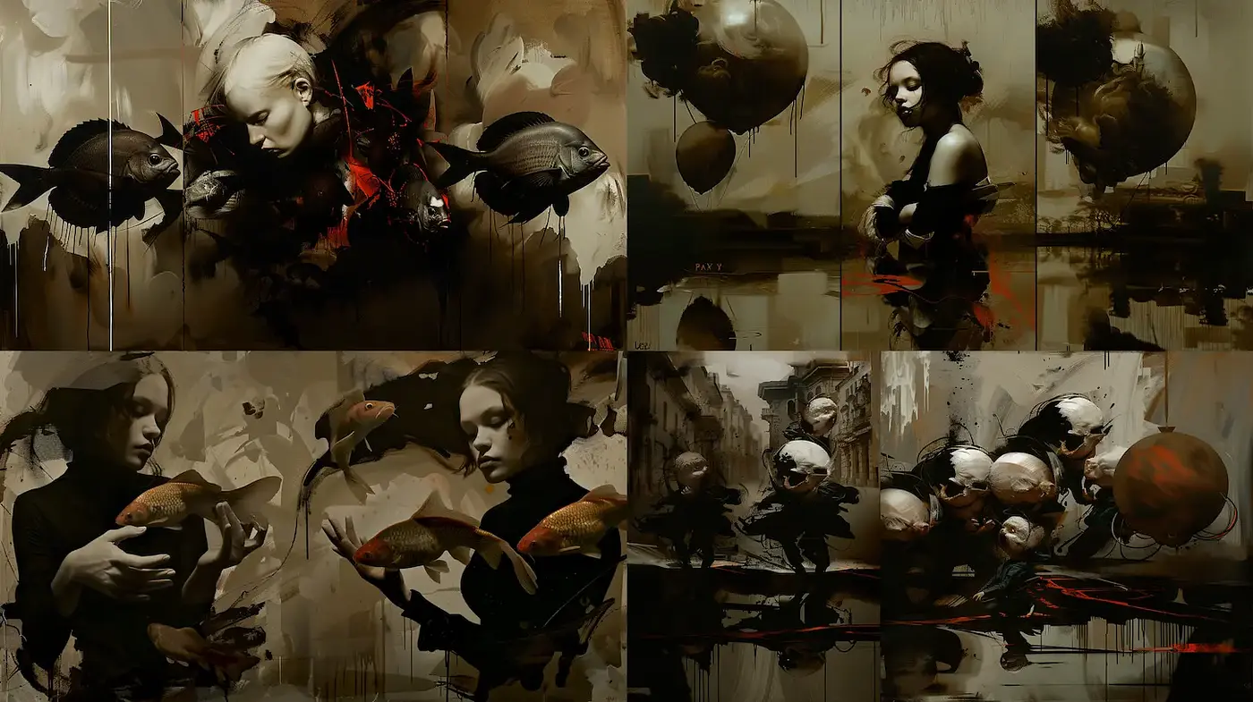 Surrealistic Portraiture with a Dark Emotional Undertone and Organic Elements - Midjourney sref style