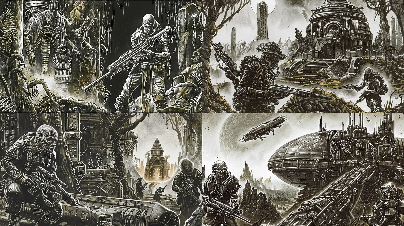 Monochromatic Sci-Fi Dreamscape: An Homage to Vintage Science Fiction Artistry - Midjourney sref style