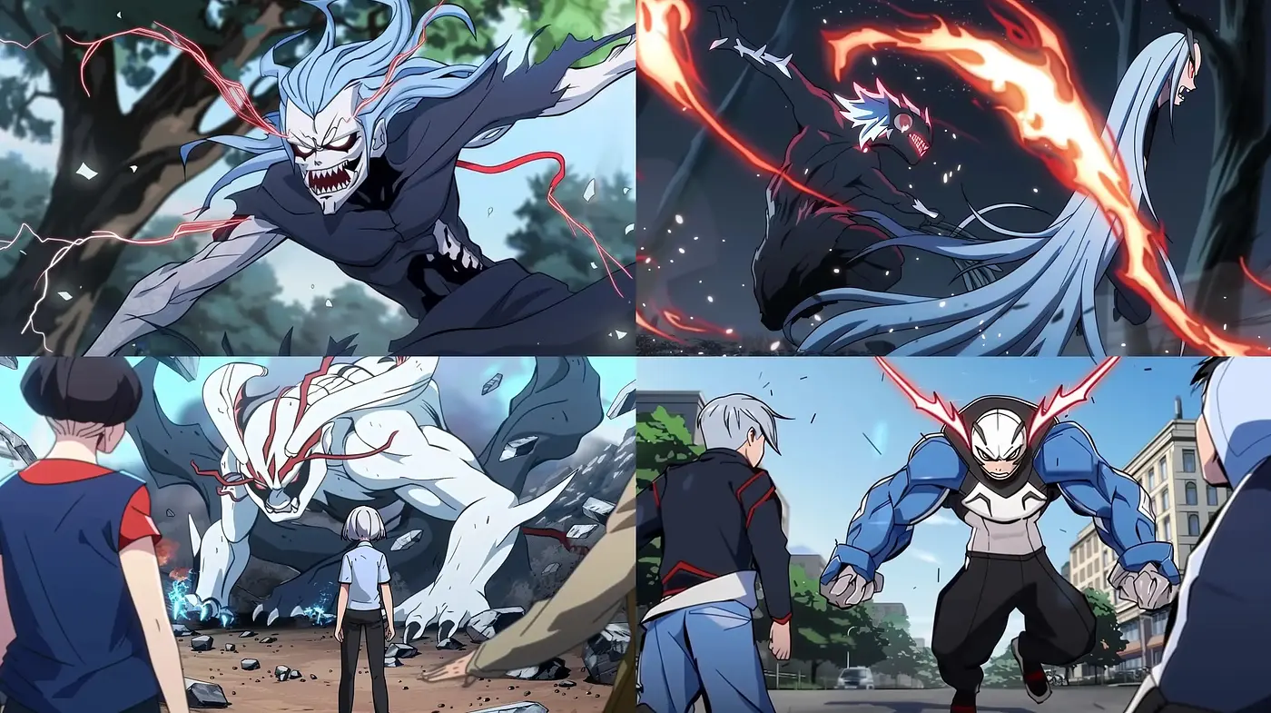 Dynamic Anime-Inspired Action Sequences with a High-Contrast Palette - Midjourney sref style