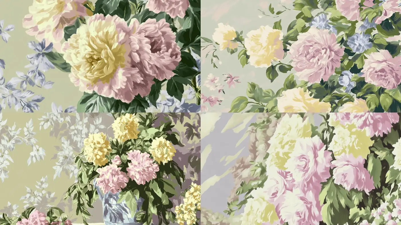 Serene Floral Symphony in Soft Pastels - Midjourney sref style