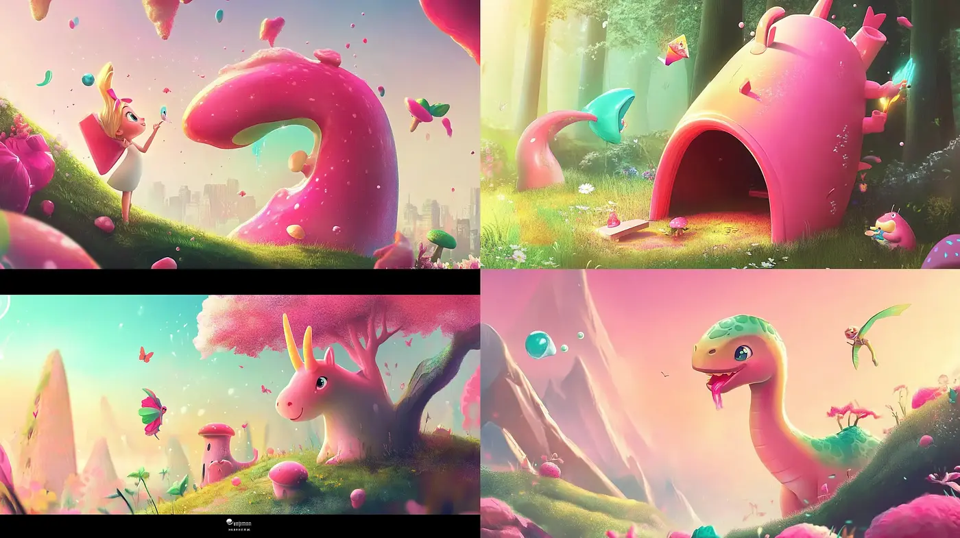 Lush Whimsical Fantasy Landscapes with a Surreal Candy-Colored Palette - Midjourney sref style
