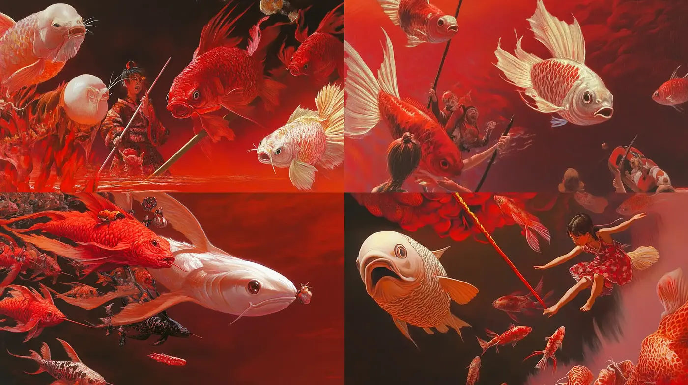 Crimson Aquatica: A Vivid Underwater Dreamscape in Red Tones - Midjourney sref style