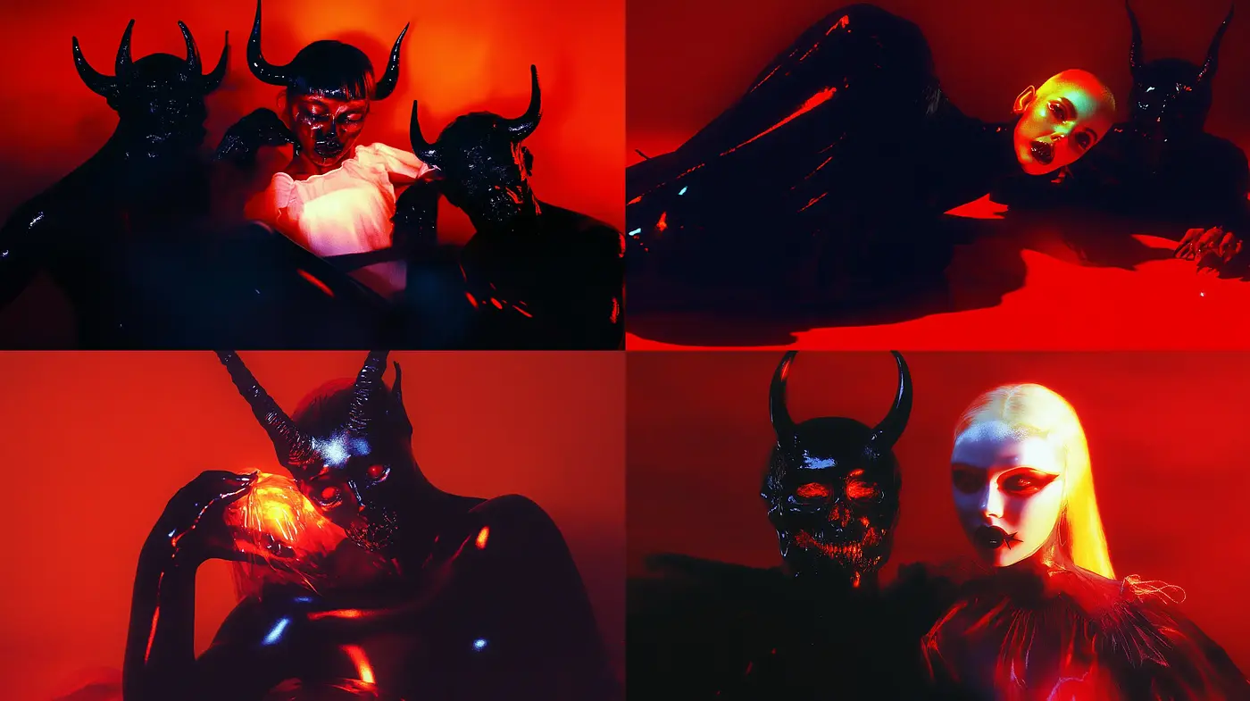 Surreal Sinister Elegance in Crimson Shadows - Midjourney sref style