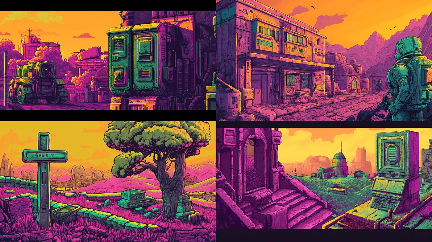 Futuristic Retro Outlands with Saturated Hues and Stylized Contrasts - Midjourney sref style