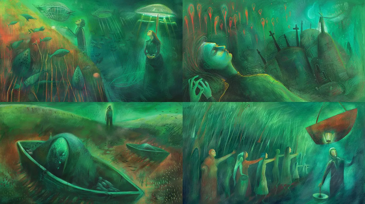 Surreal Dreamscape Fusion: An Odyssey of Ethereal Tones and Textures - Midjourney sref style