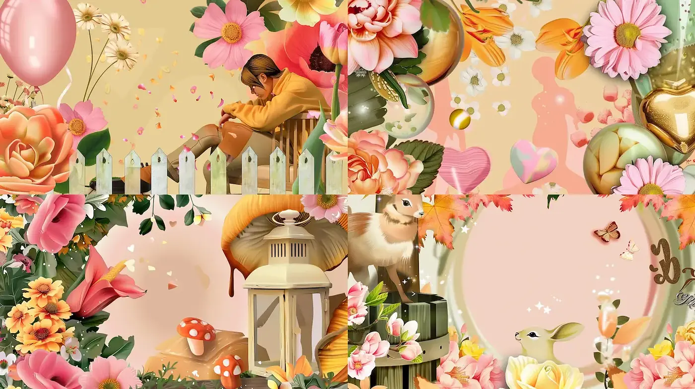 Whimsical Floral Illustrations with Nostalgic Aesthetic and Nature Elements - Midjourney sref style