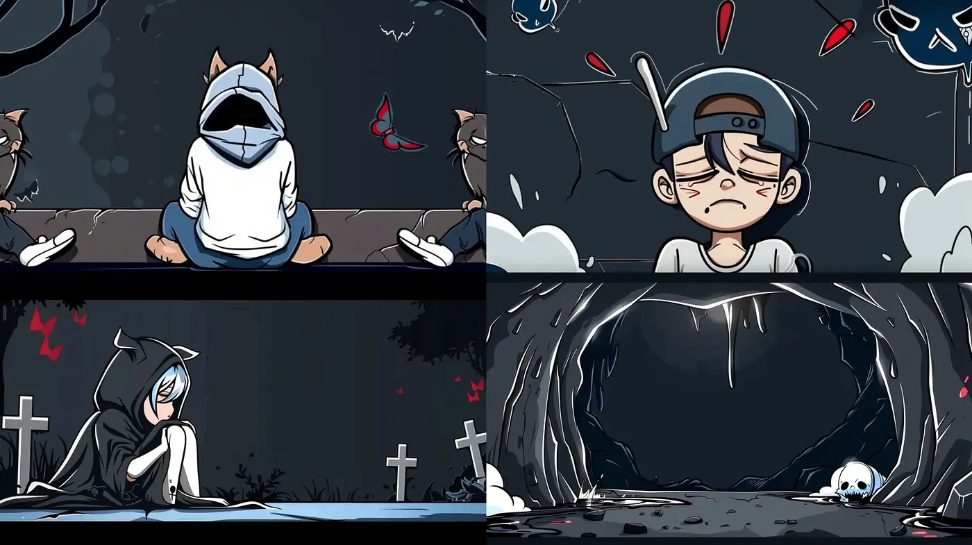 Nocturnal Comic Elegy: A Mélange of Somber Tones and Cartoonish Expression - Midjourney sref style