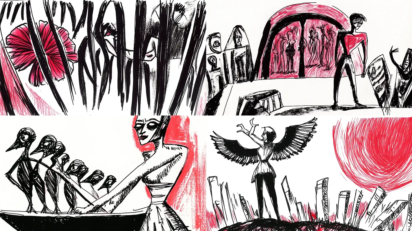 Expressionist Ink Brushwork with Red Accents - Midjourney sref style
