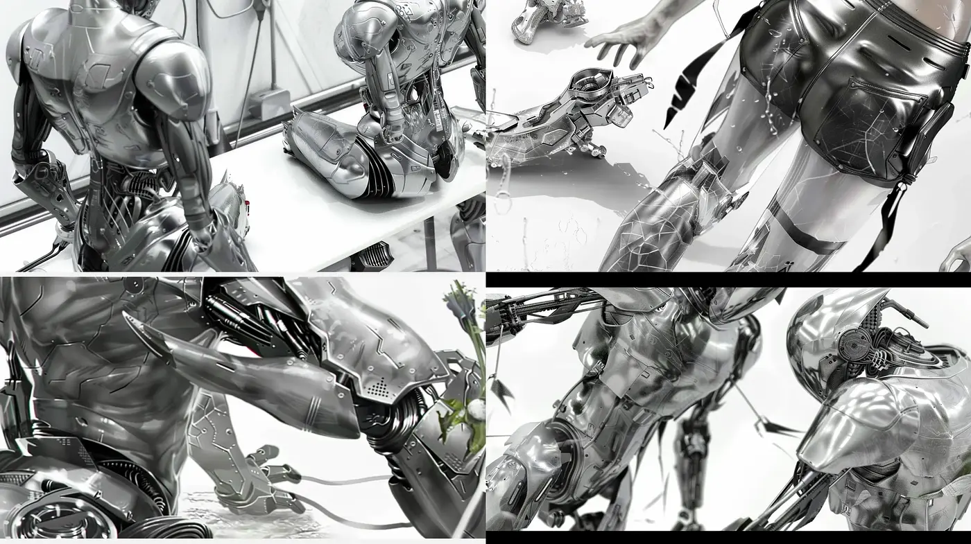 Futuristic Metallic Sheen: Consistency in Chrome-like Textures and Monochromatic Brilliance - Midjourney sref style