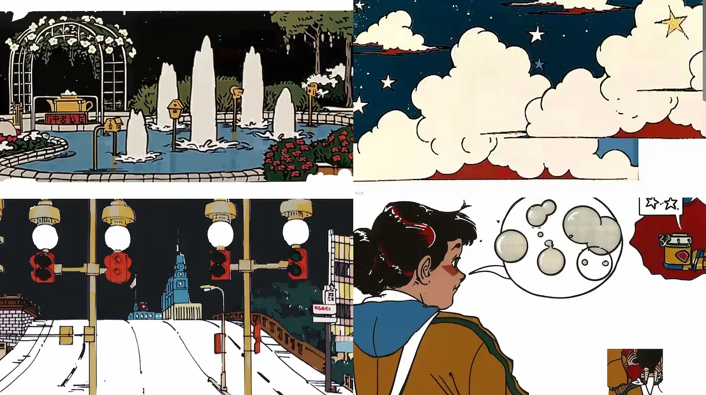 Consistent Elements in a Midjourney Style Featuring Vivid Line Art and Retro Aesthetic - Midjourney sref style