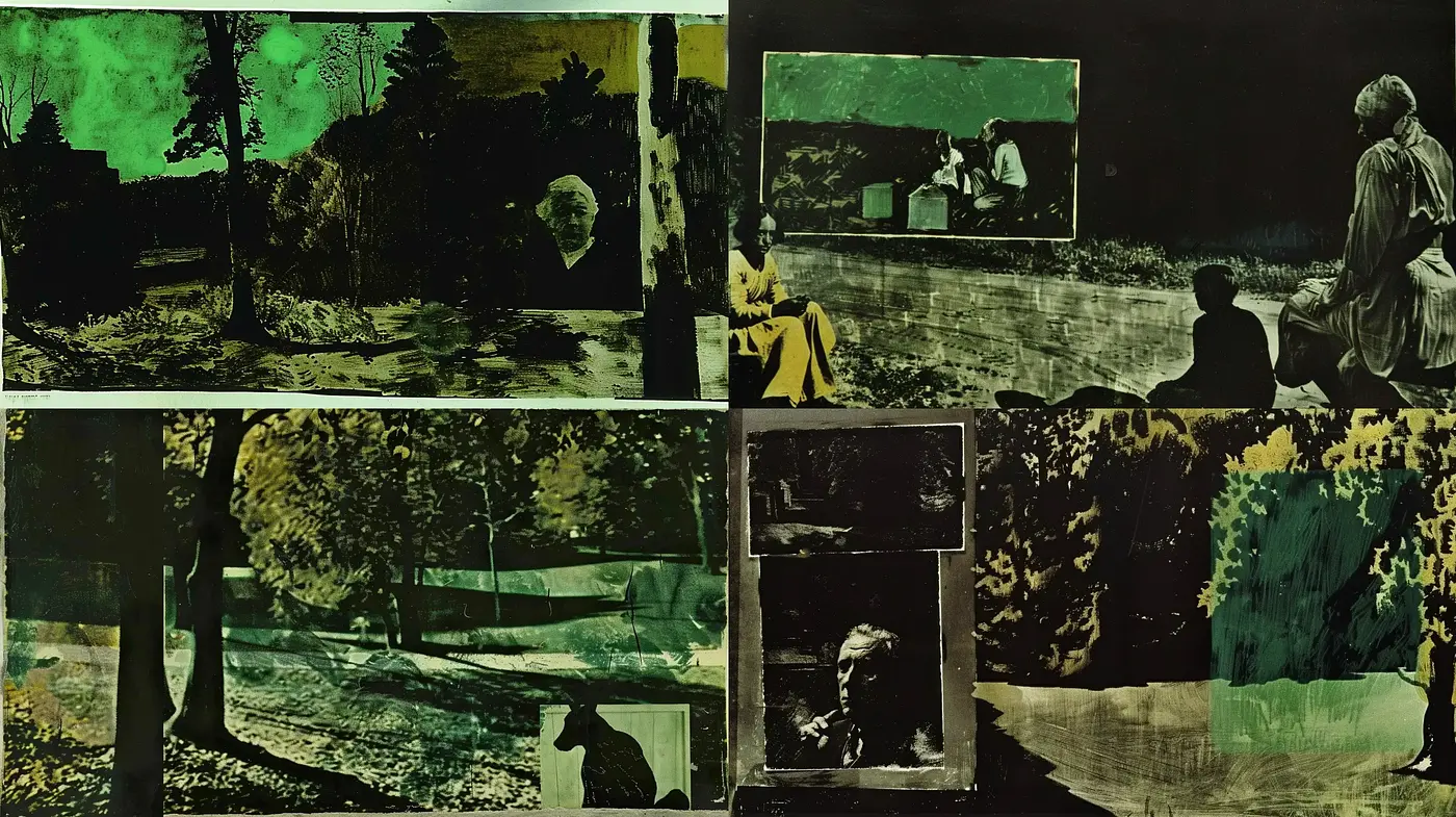 Moody Green-Toned Collage with Dark Contrast and Vintage Textured Overlays - Midjourney sref style