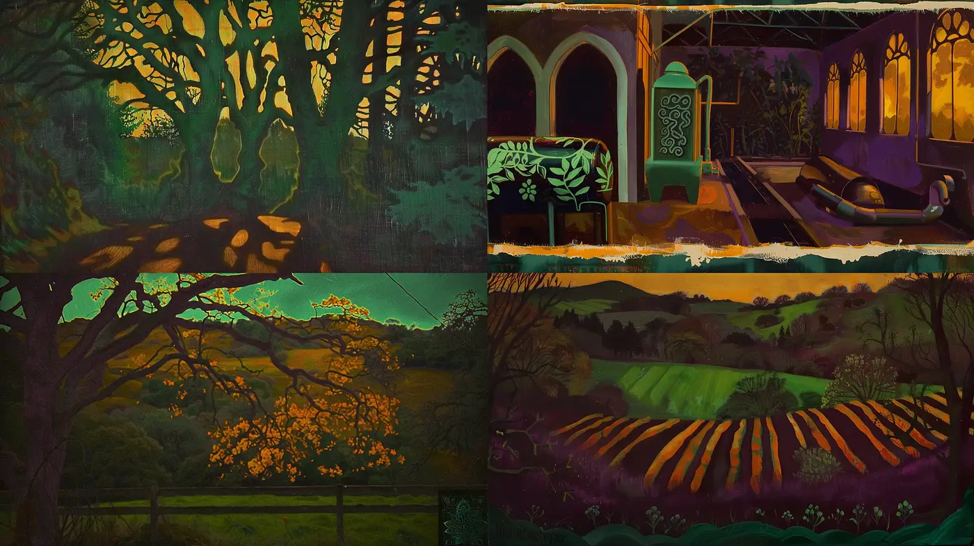 Enigmatic Nocturnal Dreamscape in Lush Chromatic Harmony - Midjourney sref style