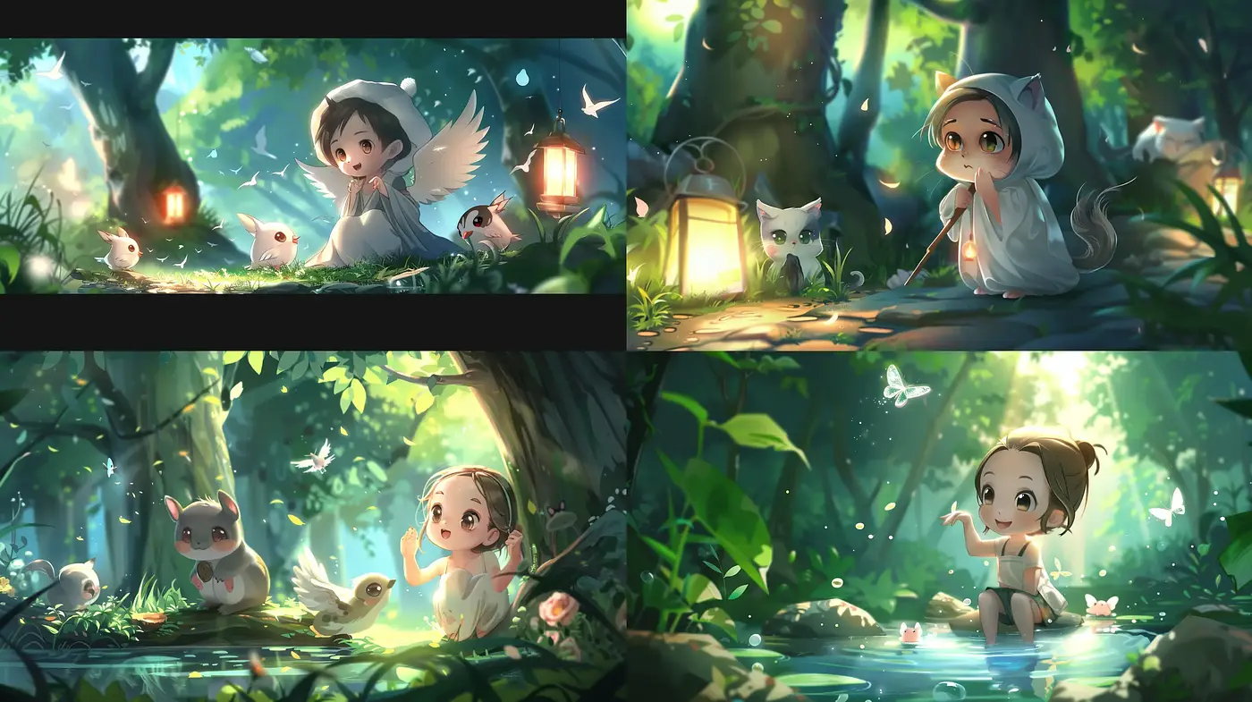 Enchanted Forest Whimsy: A Consistent Vision of Luminous Anime-Inspired Storybook Illustrations - Midjourney sref style