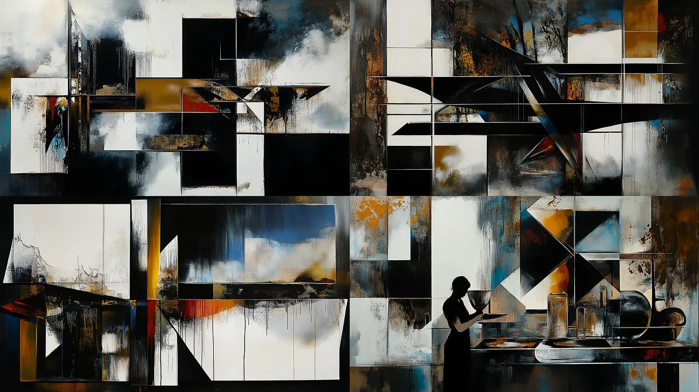 Geometric Abstraction in Monochrome with Expressive Splashes of Color - Midjourney sref style