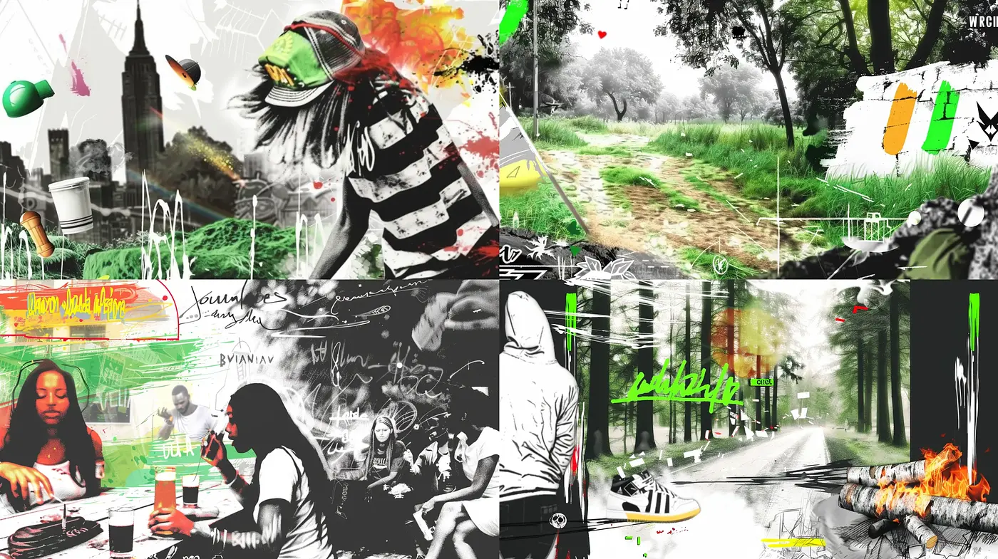 Fragmented Urban Dreamscape in a Graphic Collage Aesthetic - Midjourney sref style