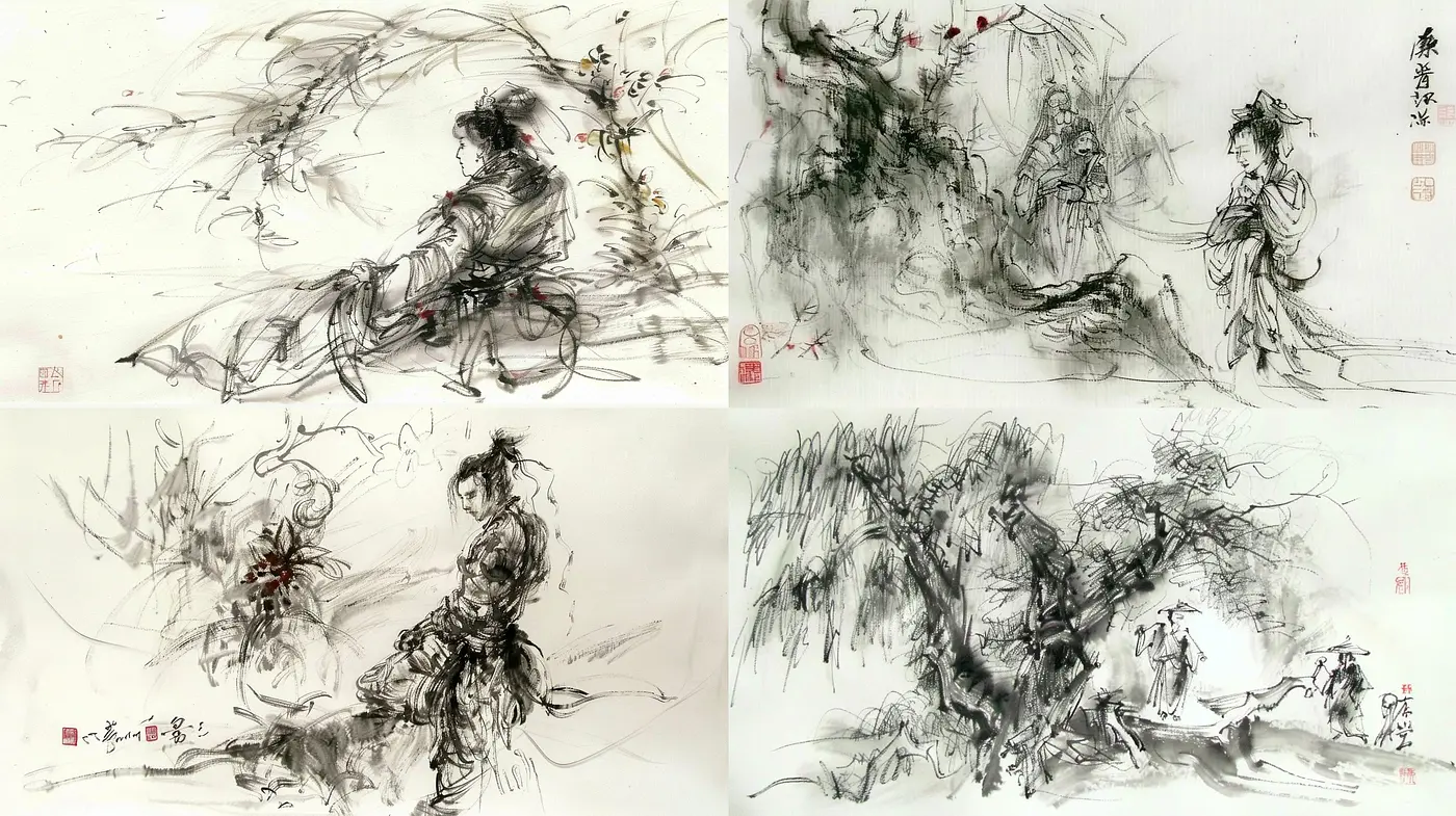 Harmonious Ink Brushwork Blending Tradition with Ethereal Elegance - Midjourney sref style