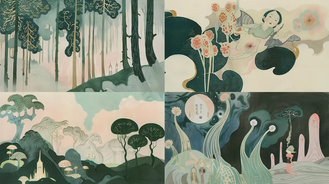 Dreamlike Illustrations with Ethereal Landscapes and Figures - Midjourney sref style