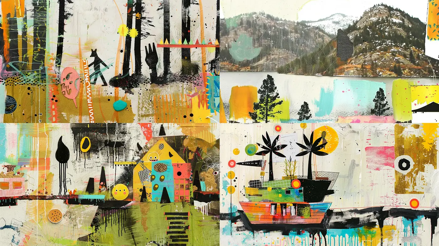 Collage of Whimsical Landscapes and Abstract Expressionism - Midjourney sref style